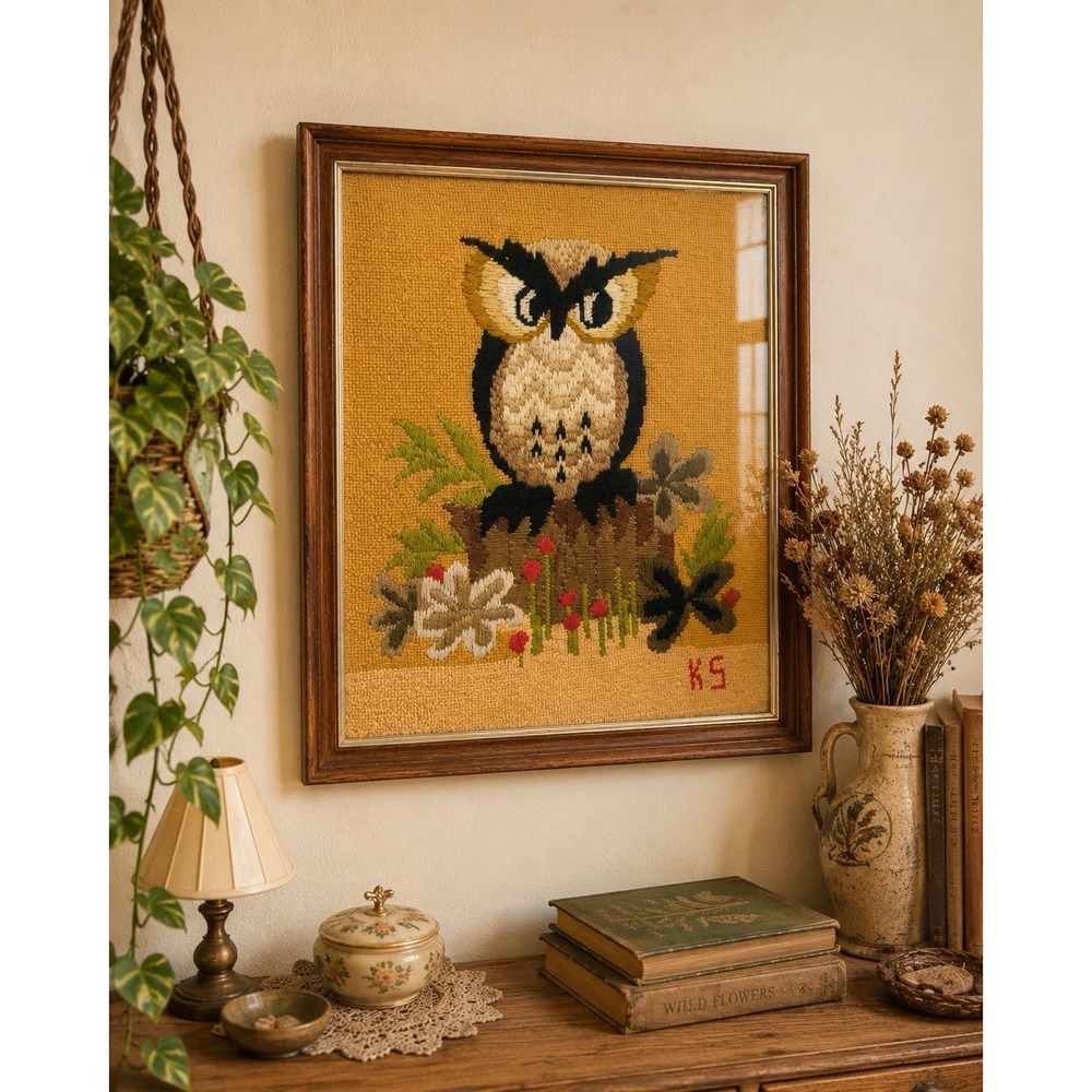 Vintage Framed Needlepoint Needlepoint Owl Wall Hanging Framed Art Retro 16x20"